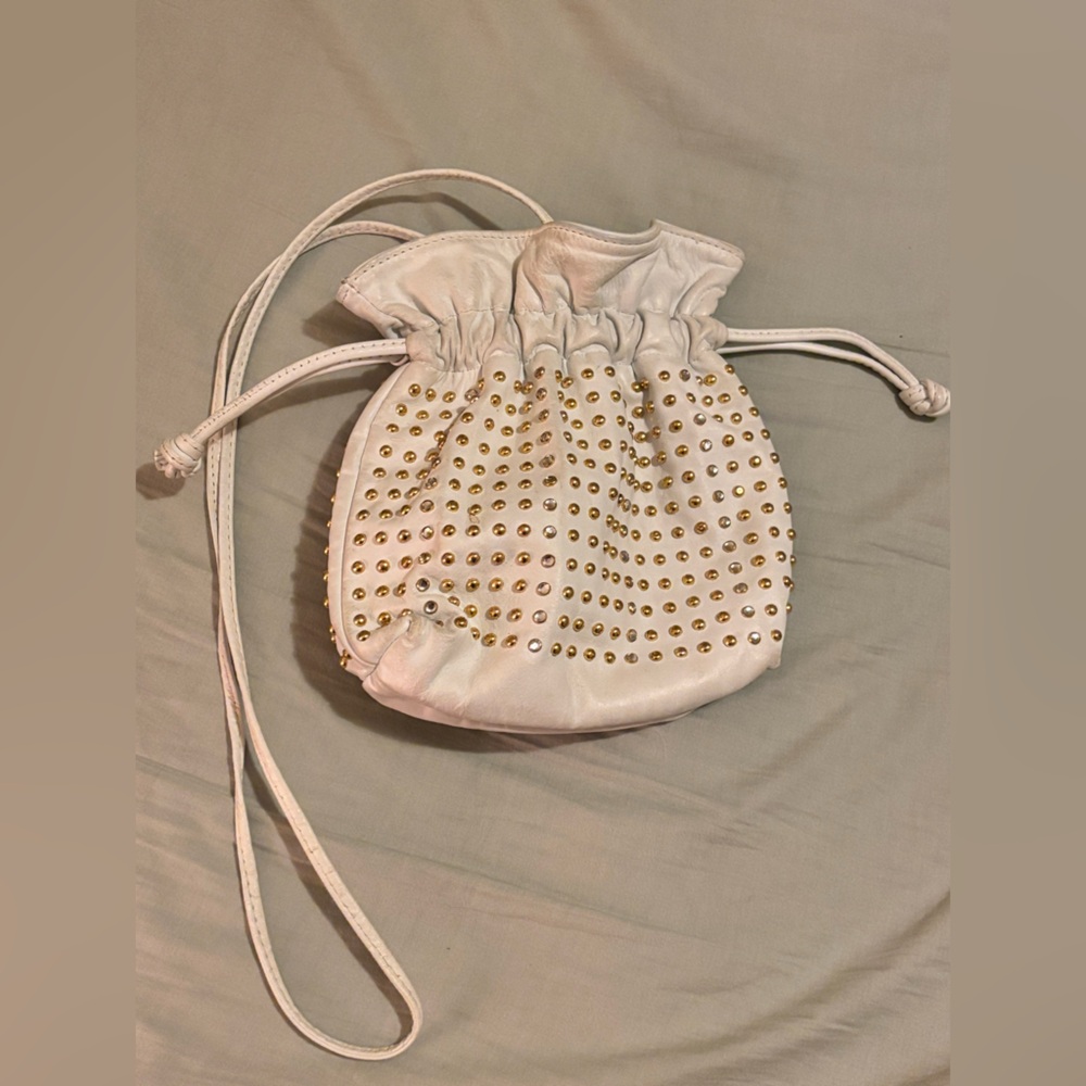Vintage 1980's Glam White Leather Stud Shoulder Drawstring Purse